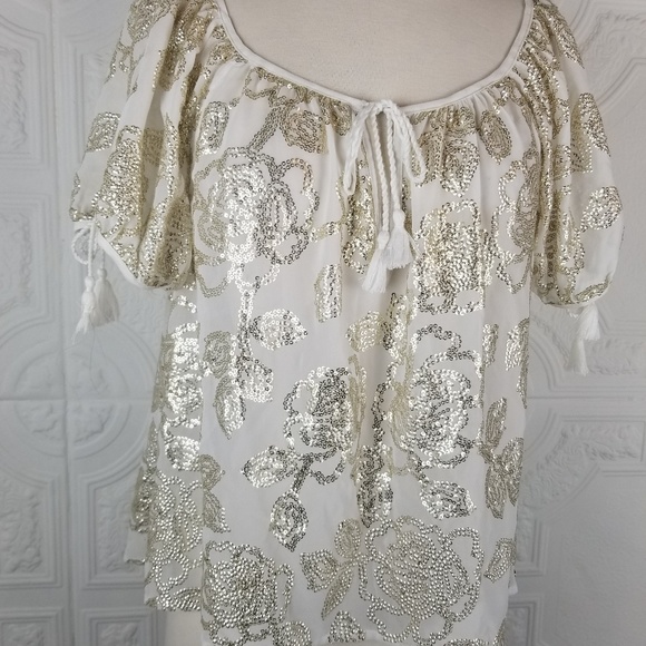Abercrombie Gold Sequin Tassel Peasant Top - Picture 3 of 7
